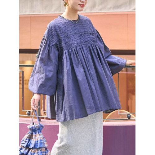 日系純色燈籠袖拼接褶皺襯衫女春夏簡約寬鬆大碼純棉上衣