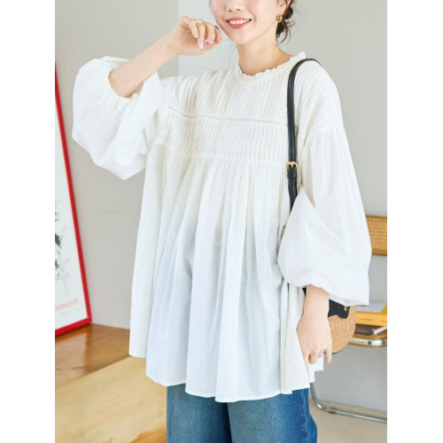 日系純色燈籠袖拼接褶皺襯衫女春夏簡約寬鬆大碼純棉上衣
