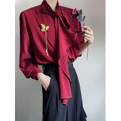 ROAE 復古新中式飄帶襯衫紅色半高領圍巾設計感小衆襯衣Lemaire風