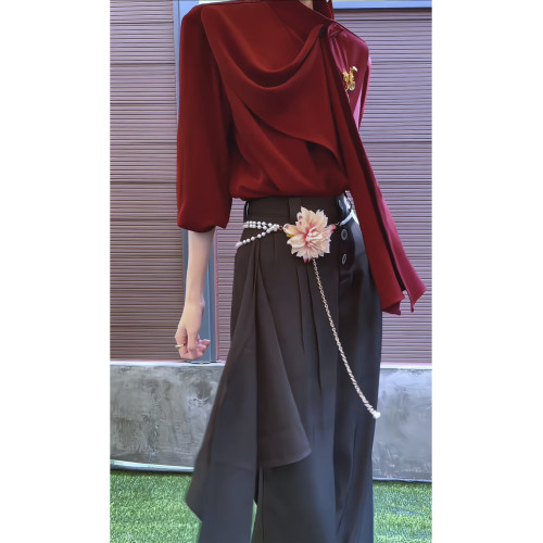 ROAE 復古新中式飄帶襯衫紅色半高領圍巾設計感小衆襯衣Lemaire風