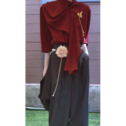 ROAE 復古新中式飄帶襯衫紅色半高領圍巾設計感小衆襯衣Lemaire風