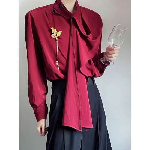 ROAE 復古新中式飄帶襯衫紅色半高領圍巾設計感小衆襯衣Lemaire風