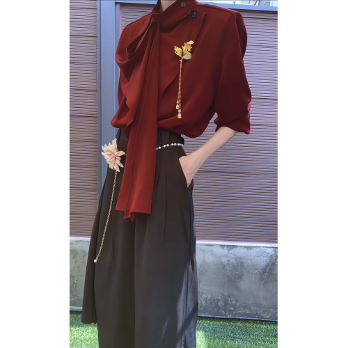 ROAE 復古新中式飄帶襯衫紅色半高領圍巾設計感小衆襯衣Lemaire風