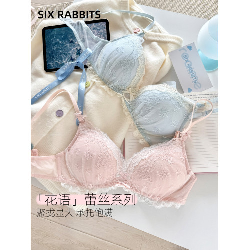 六隻兔子蕾絲內衣女小胸聚攏顯大胸罩無鋼圈收副乳防下垂甜美文胸