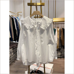 胖MM大碼2021韓版寬鬆百搭減齡娃娃領荷葉邊襯衫復古長袖襯衣潮女