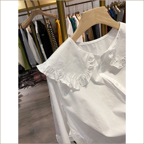 胖MM大碼2021韓版寬鬆百搭減齡娃娃領荷葉邊襯衫復古長袖襯衣潮女