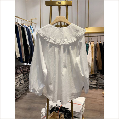 胖MM大碼2021韓版寬鬆百搭減齡娃娃領荷葉邊襯衫復古長袖襯衣潮女