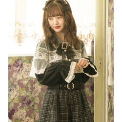 鬥篷襯衫長袖蕾絲顯瘦黑色不掉色披肩1131罩紗襯衫。