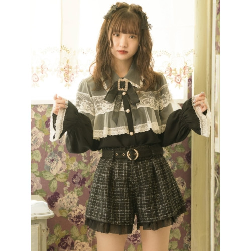 鬥篷襯衫長袖蕾絲顯瘦黑色不掉色披肩1131罩紗襯衫。