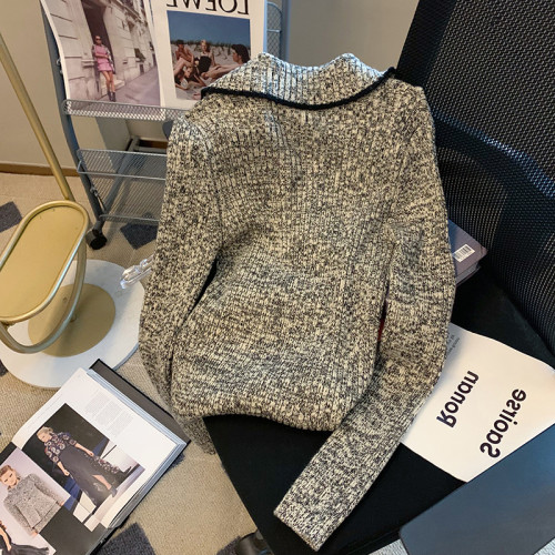 2025廣州十三行爆款女裝拉鍊繙領針織衫女氣質修身顯瘦長袖打底衫