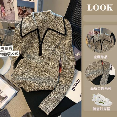 2025廣州十三行爆款女裝拉鍊繙領針織衫女氣質修身顯瘦長袖打底衫