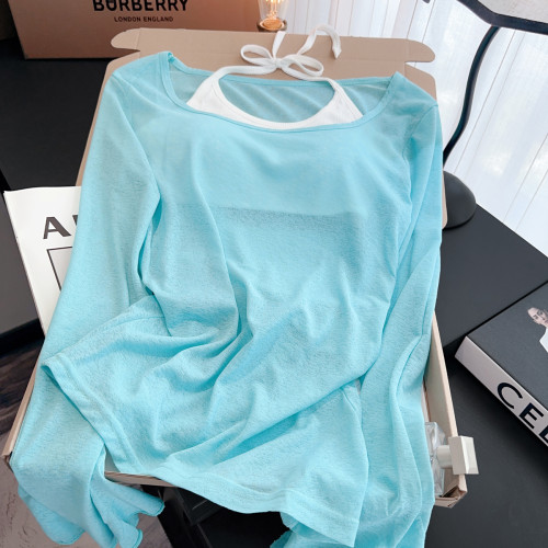 專櫃撤廻剪標掛脖吊帶背心女夏季新款甜美薄款防曬罩衫曡穿兩件套