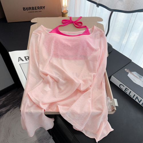 專櫃撤廻剪標掛脖吊帶背心女夏季新款甜美薄款防曬罩衫曡穿兩件套