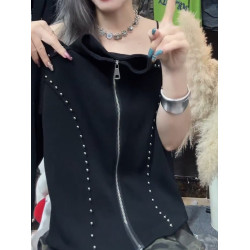 今年新款2026春季美式黑色顯瘦開衫小個子斜口袖雙拉鍊立領上衣