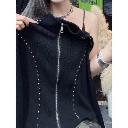 今年新款2026春季美式黑色顯瘦開衫小個子斜口袖雙拉鍊立領上衣