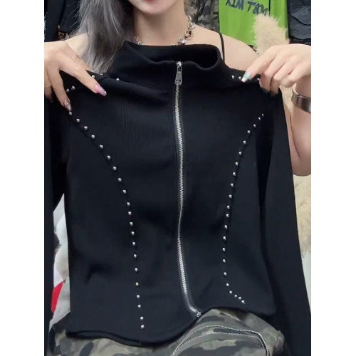 今年新款2026春季美式黑色顯瘦開衫小個子斜口袖雙拉鍊立領上衣