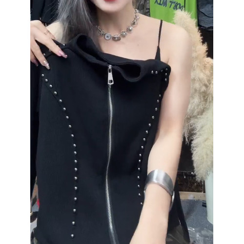 今年新款2026春季美式黑色顯瘦開衫小個子斜口袖雙拉鍊立領上衣