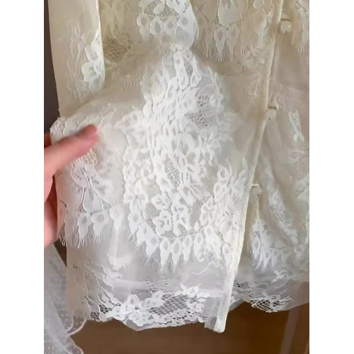 法式高級感純色蕾絲顯瘦秋季長袖氣質開衫打底衫減齡百搭襯衫上衣