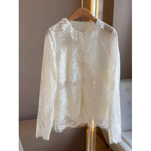 法式高級感純色蕾絲顯瘦秋季長袖氣質開衫打底衫減齡百搭襯衫上衣