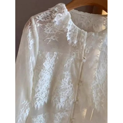 法式高級感純色蕾絲顯瘦秋季長袖氣質開衫打底衫減齡百搭襯衫上衣