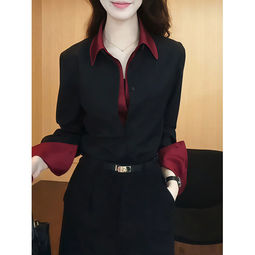 時尚休閒風撞色拼接假兩件襯衫女裝春季新款歐貨寬鬆百搭顯瘦襯衣
