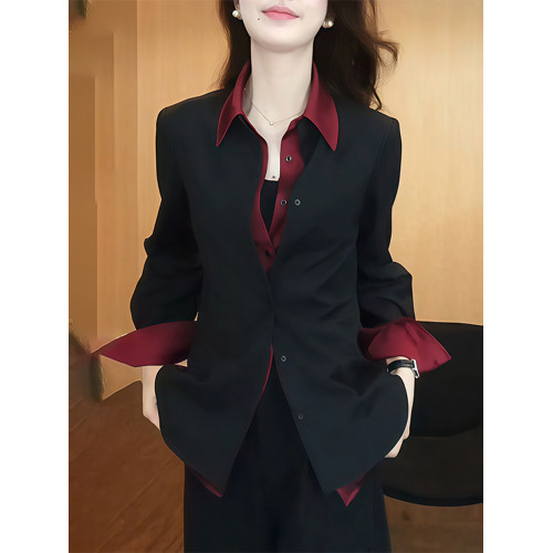 時尚休閒風撞色拼接假兩件襯衫女裝春季新款歐貨寬鬆百搭顯瘦襯衣