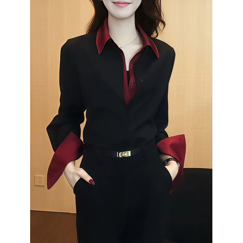 時尚休閒風撞色拼接假兩件襯衫女裝春季新款歐貨寬鬆百搭顯瘦襯衣