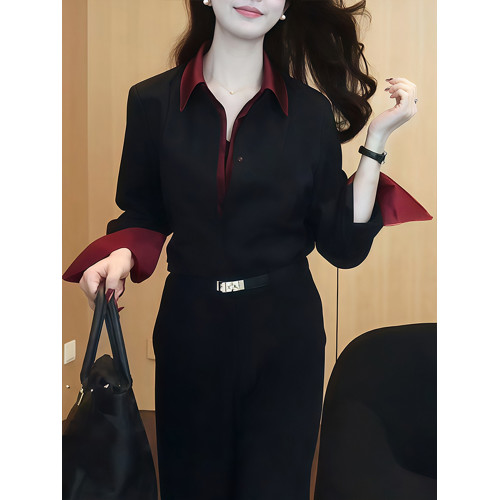 時尚休閒風撞色拼接假兩件襯衫女裝春季新款歐貨寬鬆百搭顯瘦襯衣
