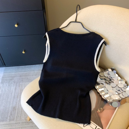 專櫃撤廻剪標假兩件v領單排釦無袖背心女夏季新款別致獨特小上衣