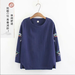 秋季2025年新款大碼女裝胖mm棉麻長袖t恤媽媽裝寬鬆遮肉刺綉上衣