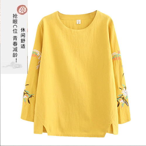 秋季2025年新款大碼女裝胖mm棉麻長袖t恤媽媽裝寬鬆遮肉刺綉上衣