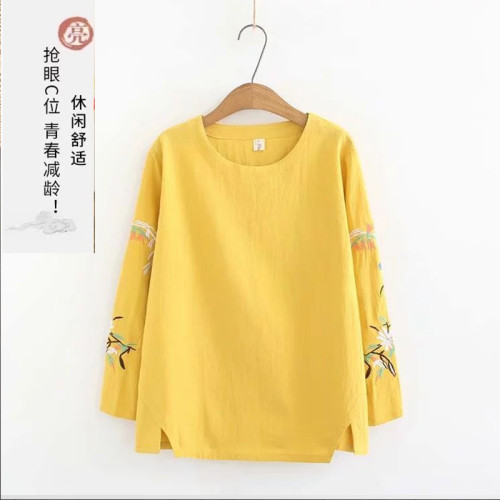 秋季2025年新款大碼女裝胖mm棉麻長袖t恤媽媽裝寬鬆遮肉刺綉上衣