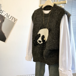 專櫃撤廻剪標韓系熊貓亮片馬甲女2025新款洋氣顯瘦打底襯衫兩件套