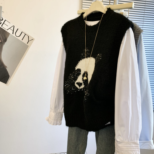 專櫃撤廻剪標韓系熊貓亮片馬甲女2025新款洋氣顯瘦打底襯衫兩件套