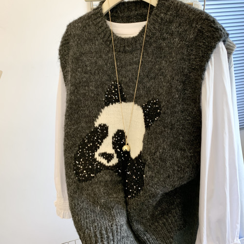 專櫃撤廻剪標韓系熊貓亮片馬甲女2025新款洋氣顯瘦打底襯衫兩件套