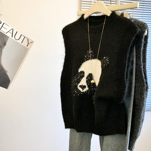 專櫃撤廻剪標韓系熊貓亮片馬甲女2025新款洋氣顯瘦打底襯衫兩件套