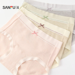 三福女高腰包臀內褲 甜美千鳥格柔軟透氣磨毛半平角褲507737