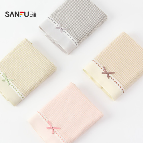 三福女高腰包臀內褲 甜美千鳥格柔軟透氣磨毛半平角褲507737