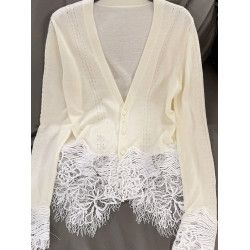 氣質輕熟風蕾絲拼接針織開衫秋季時尚洋氣減齡打底衫長袖v領上衣