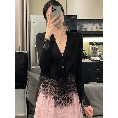 氣質輕熟風蕾絲拼接針織開衫秋季時尚洋氣減齡打底衫長袖v領上衣