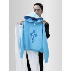 歐貨買手店設計感藍色花卉連帽衛衣女春裝薄款小個子百搭外套潮