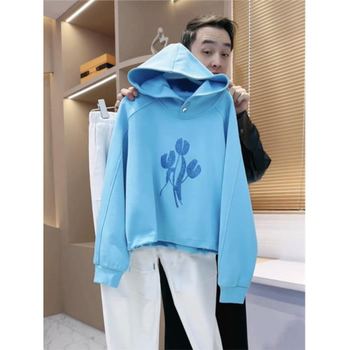 歐貨買手店設計感藍色花卉連帽衛衣女春裝薄款小個子百搭外套潮