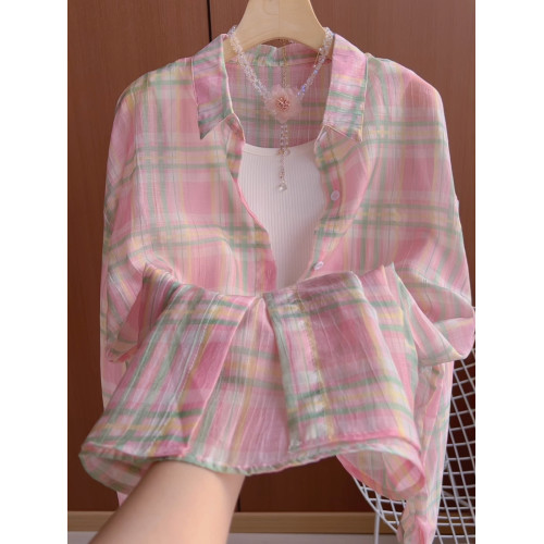 十三行韓系慵懶風粉色格子防曬襯衫配背心女夏季薄款休閒兩件套裝