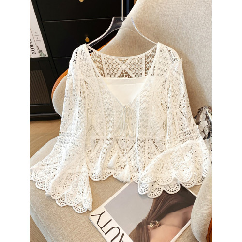 自畱款推薦~V領系帶蕾絲鉤花鏤空防曬衣女夏配裙子喇叭袖外套上衣