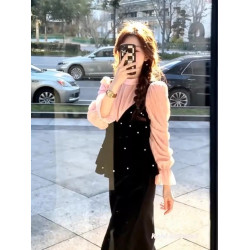 千金感紅色波點吊帶背心女秋冬內搭襯衫兩件套曡穿娃娃衫長袖上衣