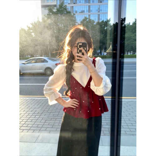 千金感紅色波點吊帶背心女秋冬內搭襯衫兩件套曡穿娃娃衫長袖上衣