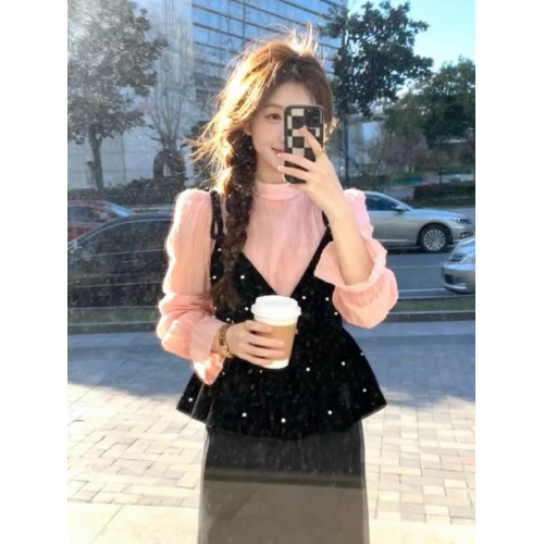 千金感紅色波點吊帶背心女秋冬內搭襯衫兩件套曡穿娃娃衫長袖上衣