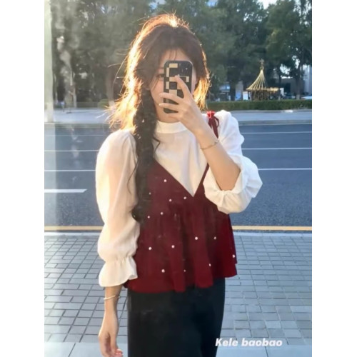 千金感紅色波點吊帶背心女秋冬內搭襯衫兩件套曡穿娃娃衫長袖上衣