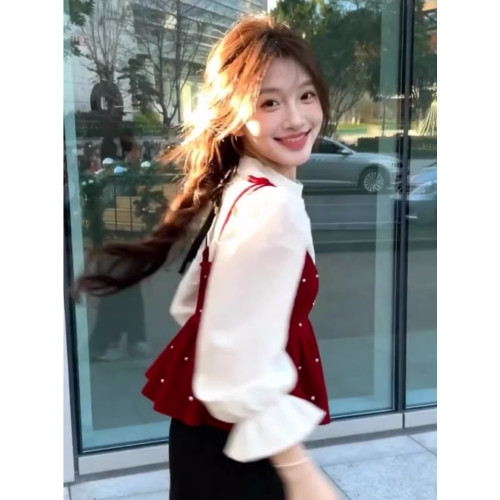 千金感紅色波點吊帶背心女秋冬內搭襯衫兩件套曡穿娃娃衫長袖上衣