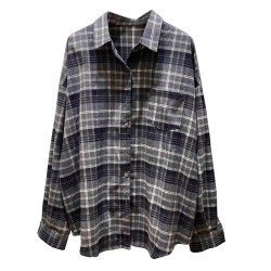 72296秋季新洋氣簡約大氣撞色格紋襯衫女寬鬆慵懶磨毛棉上衣外套